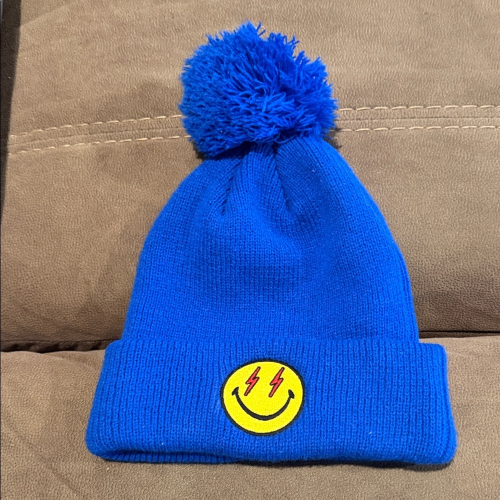 NEW!! Aviator Nation Blue Kids BOLT SMILEY POM POM RIB BEANIE